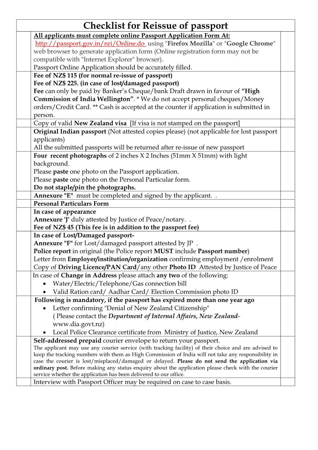 Checklist for Reissue of Passport