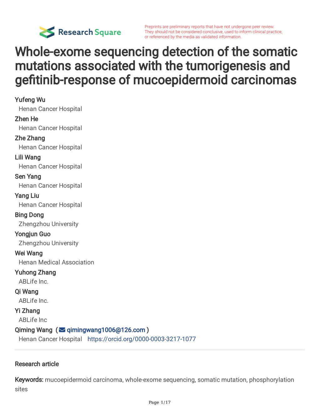 Whole-Exome Sequencing Detection of the Somatic Mutations Associated with the Tumorigenesis and Gefitinib-Response of Mucoepider