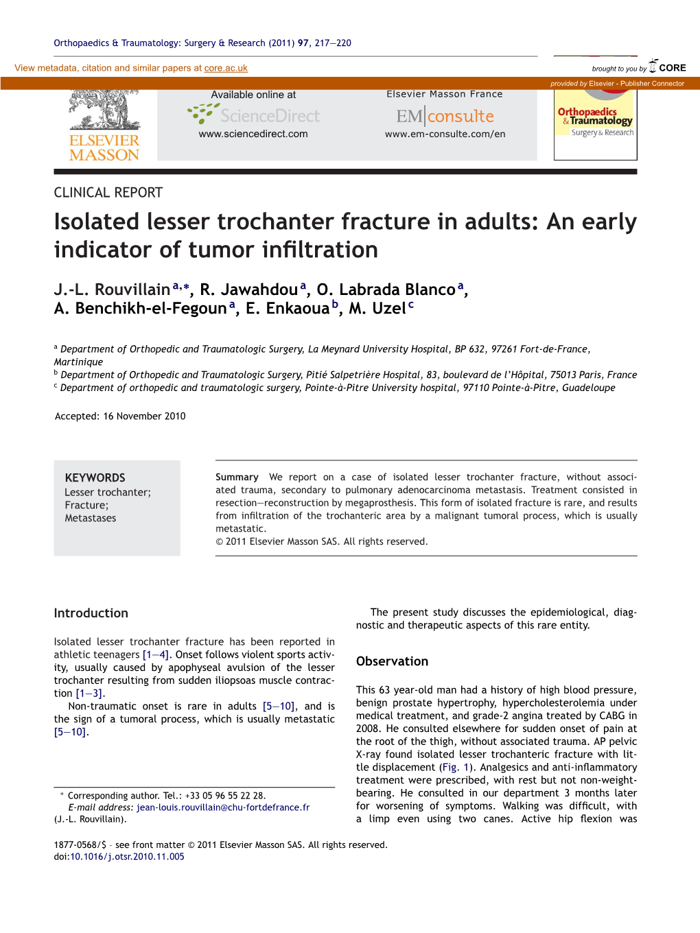 Isolated Lesser Trochanter Fracture in Adults: an Early Indicator of Tumor Inﬁltration