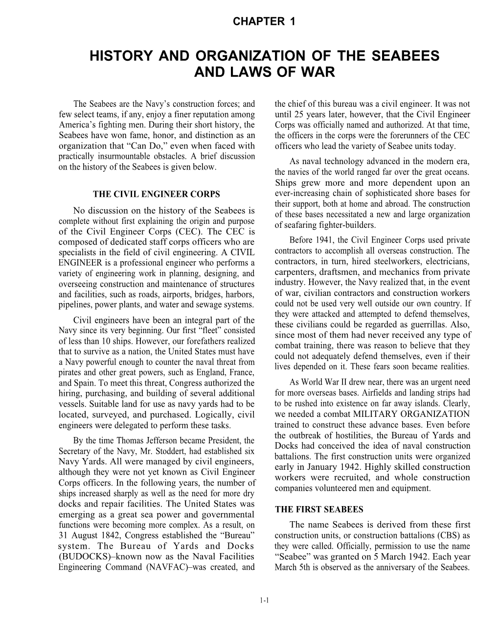 History and Organization of the Seabees and Laws of War