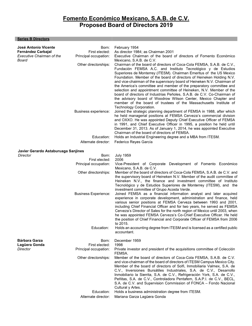 Fomento Económico Mexicano, S.A.B. De C.V. Proposed Board of Directors 2019