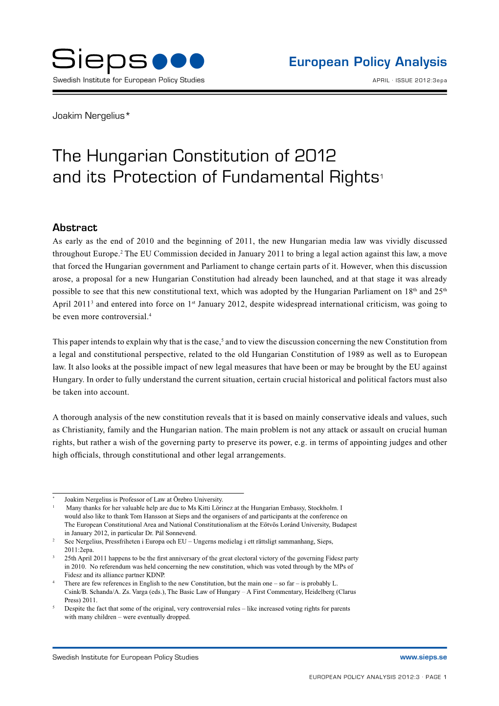 The Hungarian Constitution of 2012 and Its Protection of Fundamental Rights1
