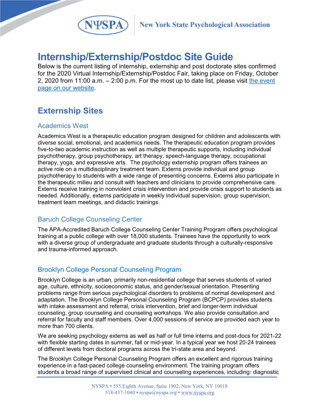 Internship/Externship/Postdoc Site Guide