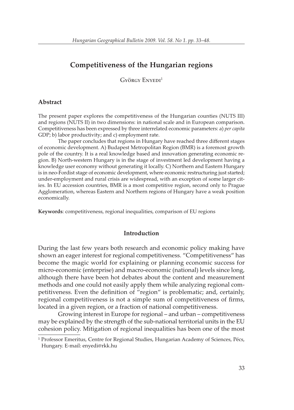 Competitiveness of the Hungarian Regions