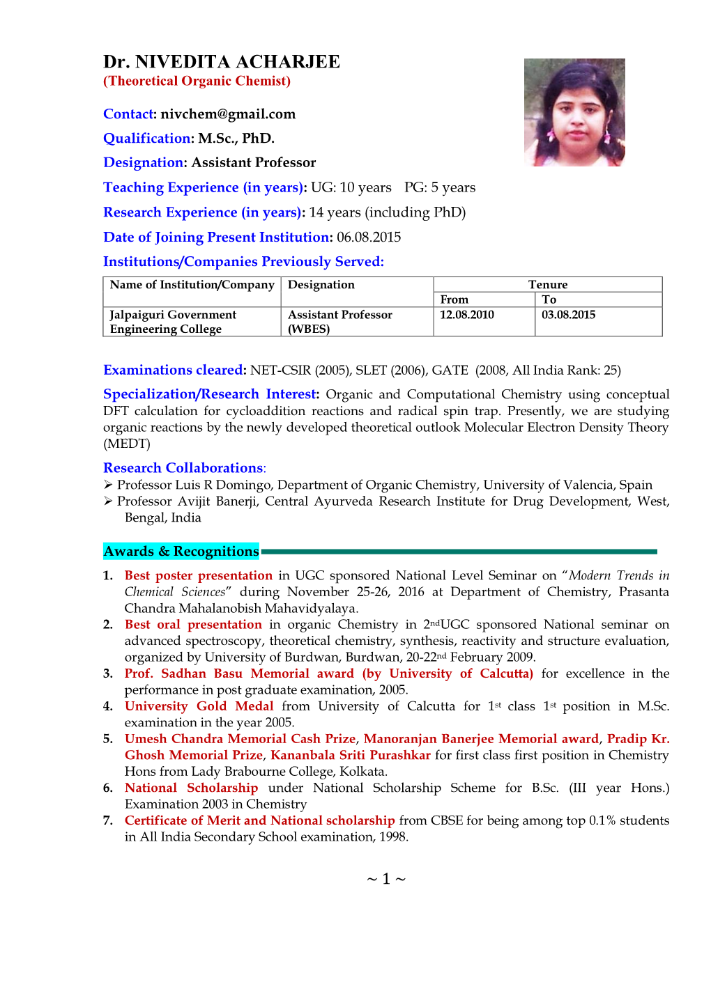 Dr. NIVEDITA ACHARJEE (Theoretical Organic Chemist)