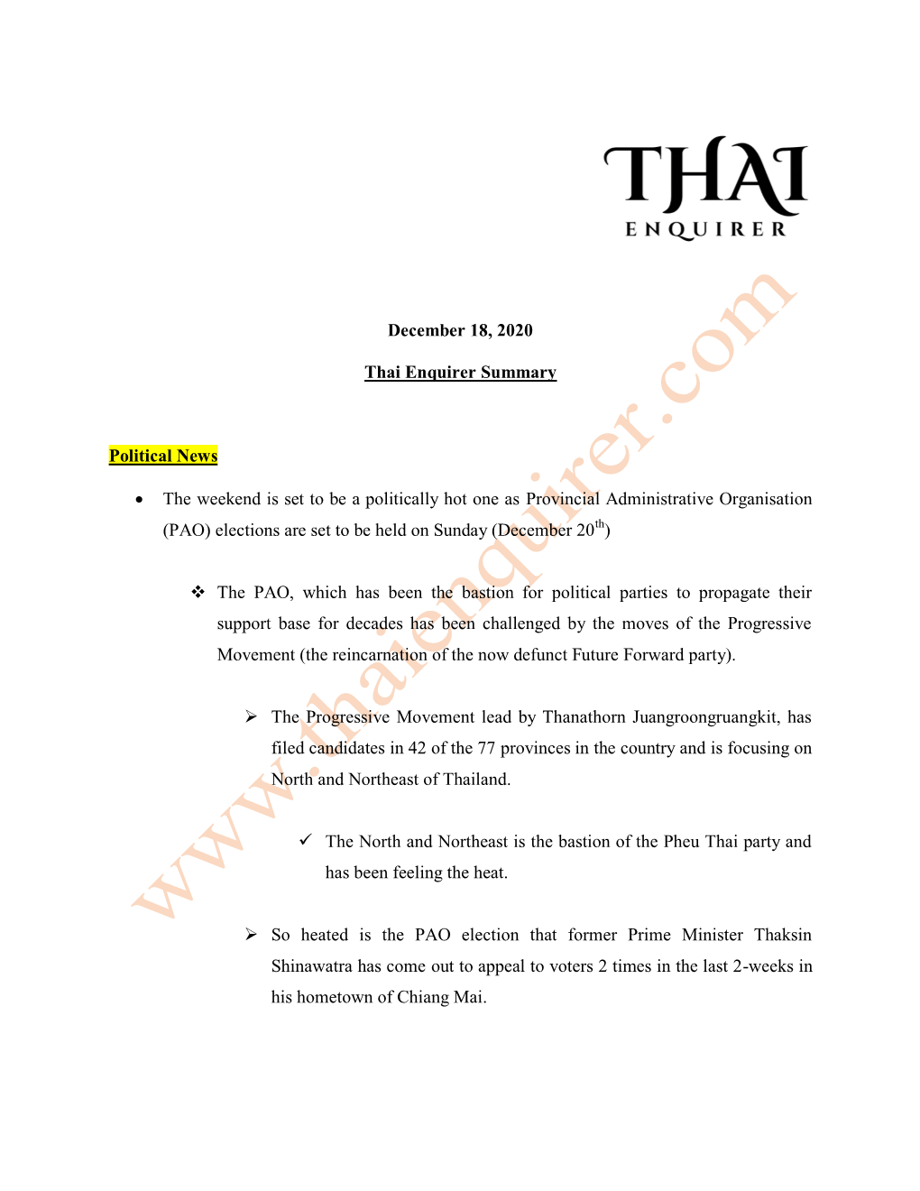 December 18, 2020 Thai Enquirer Summary Political News • The