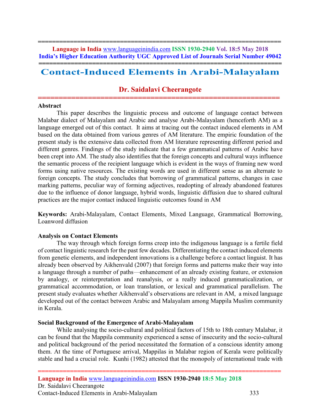 Contact-Induced Elements in Arabi-Malayalam