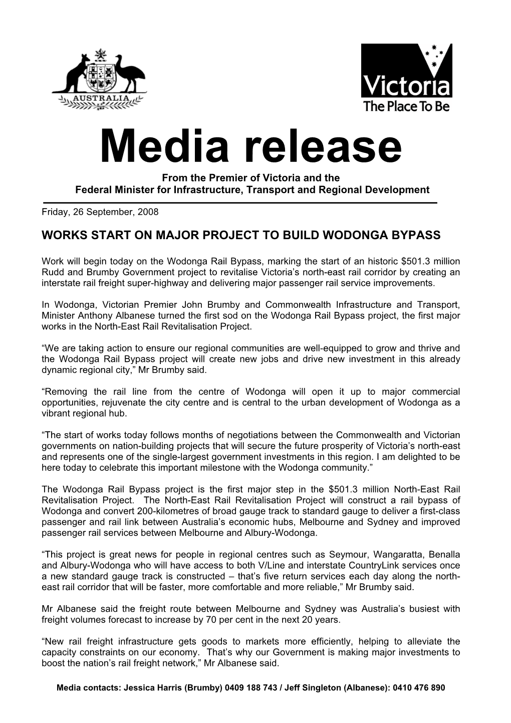 Media Release from the Premier of Victoria and the Federal Minister for Infrastructure, Transport and Regional Development