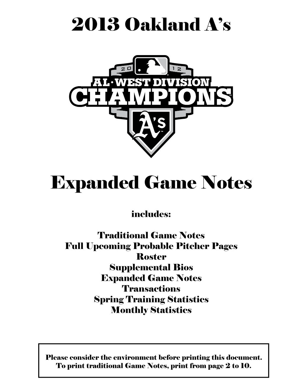 2013 Oakland A's Expanded Game Notes