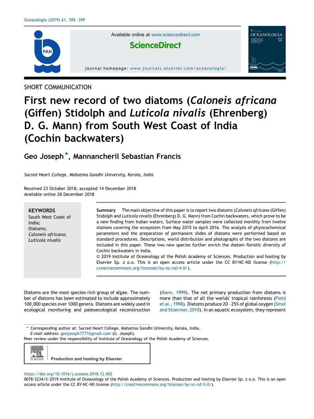 First New Record of Two Diatoms (Caloneis Africana (Giffen) Stidolph