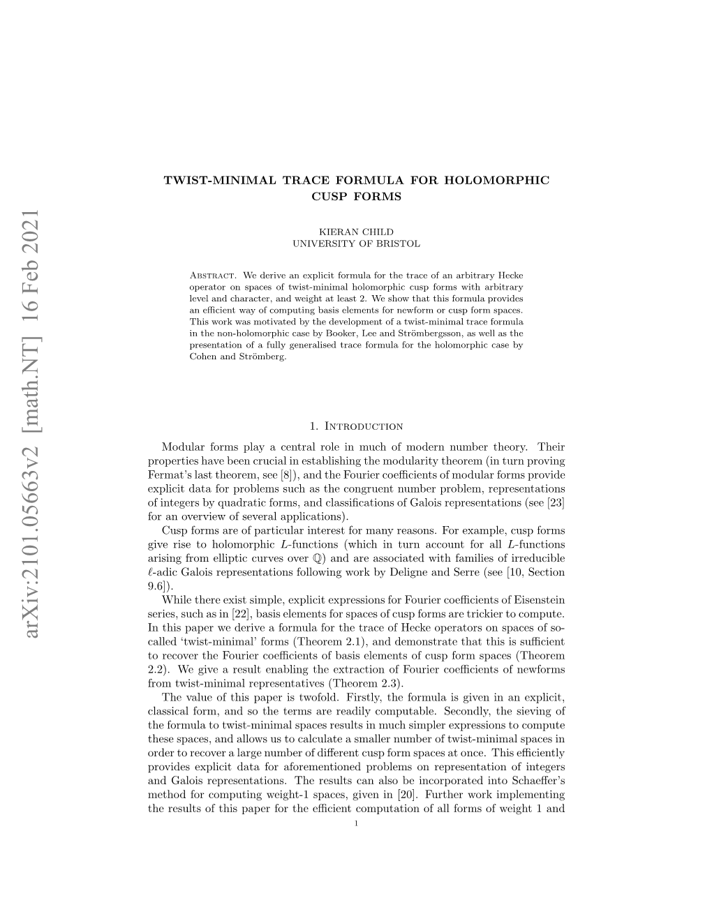 Arxiv:2101.05663V2 [Math.NT] 16 Feb 2021 9.6])