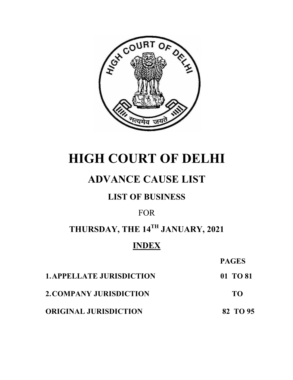 Advance Cause List List of Business for Thursday, the 14Th January, 2021 Index Pages