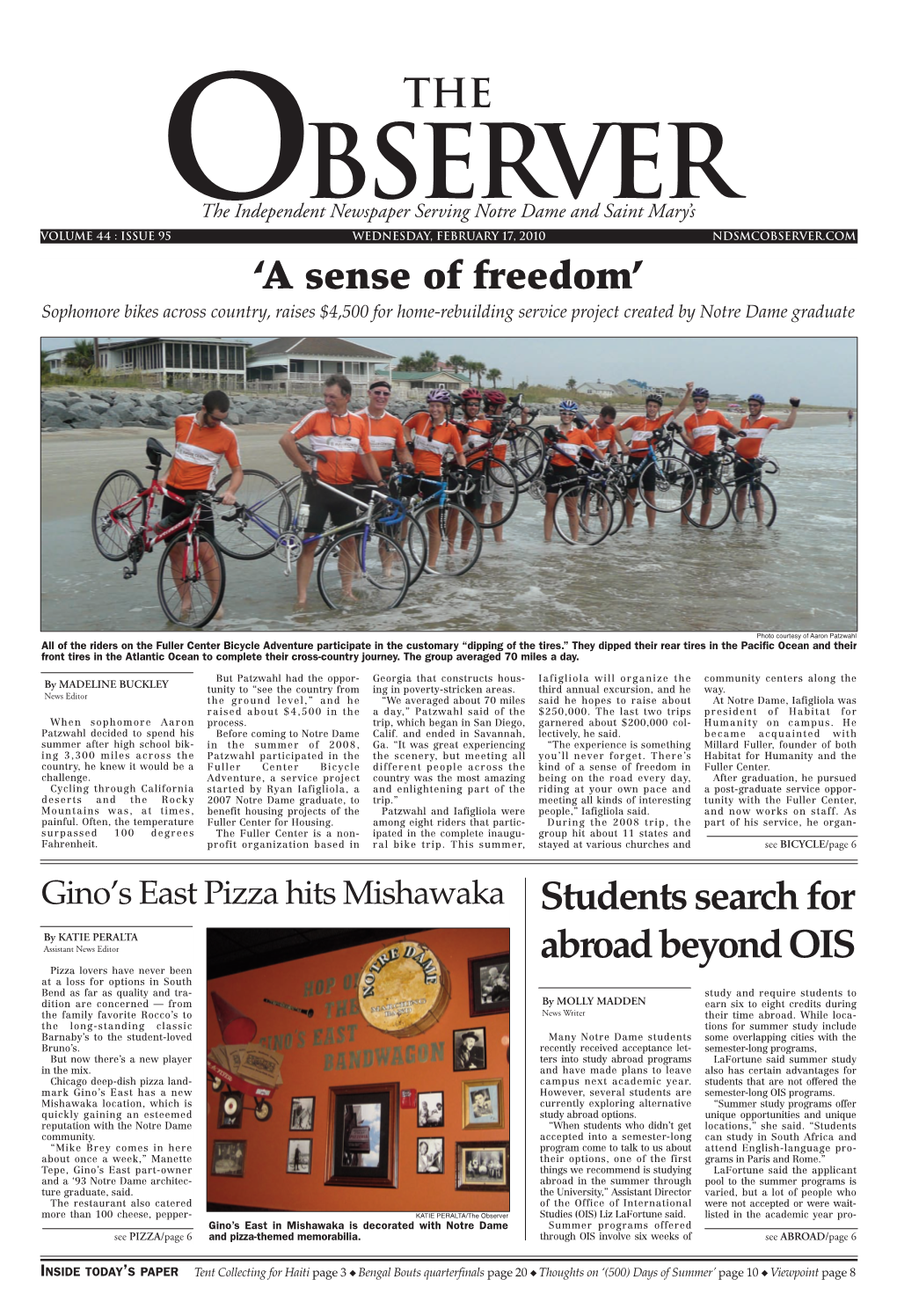A Sense of Freedom’ Sophomore Bikes Across Country, Raises $4,500 for Home-Rebuilding Service Project Created by Notre Dame Graduate