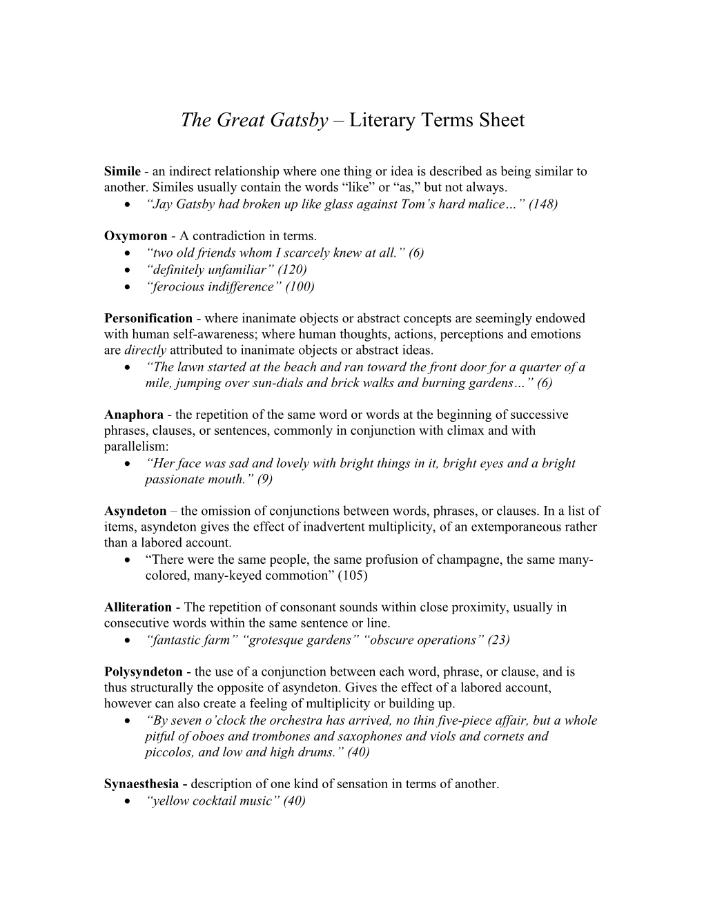 The Great Gatsby Literary Terms Sheet