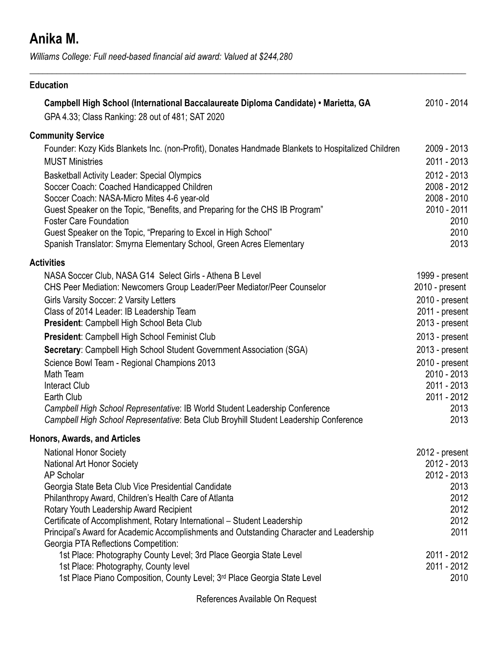 Sample Resumes with College Outcomes