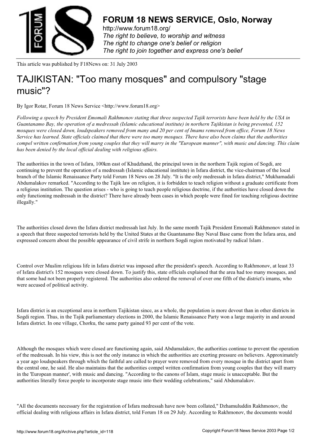 TAJIKISTAN: "Too Many Mosques" and Compulsory "Stage Music"?