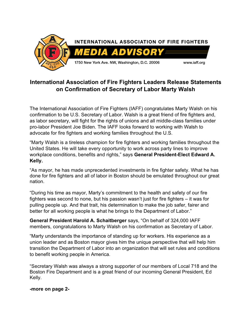 IAFF Leaders Release Statements on Confirmation of Secretary of Labor
