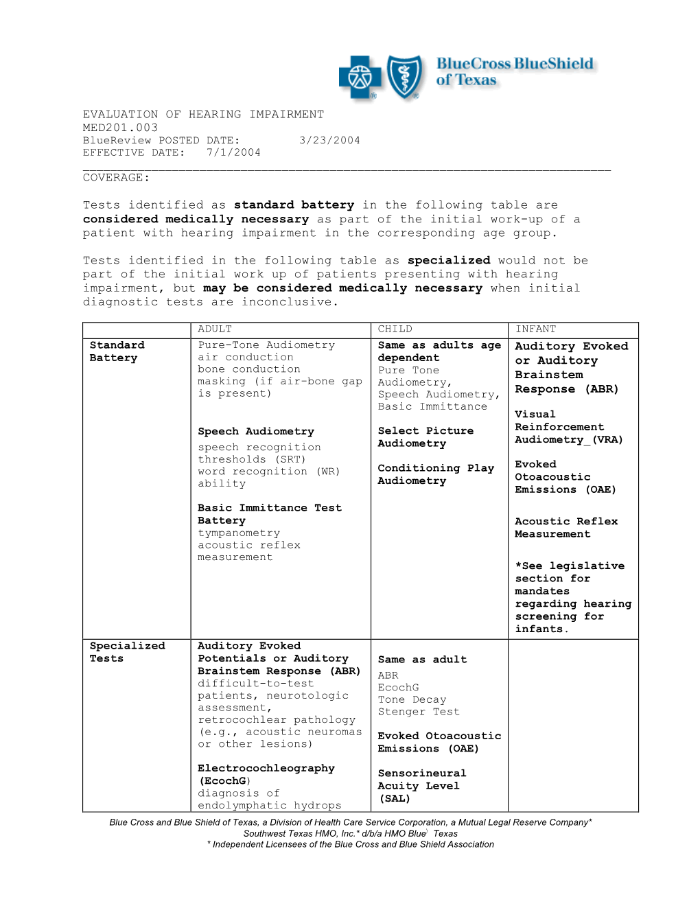 EVALUATION of HEARING IMPAIRMENT MED201.003 Bluereview POSTED DATE: 3/23/2004 EFFECTIVE DATE: 7/1/2004 ______COVERAGE