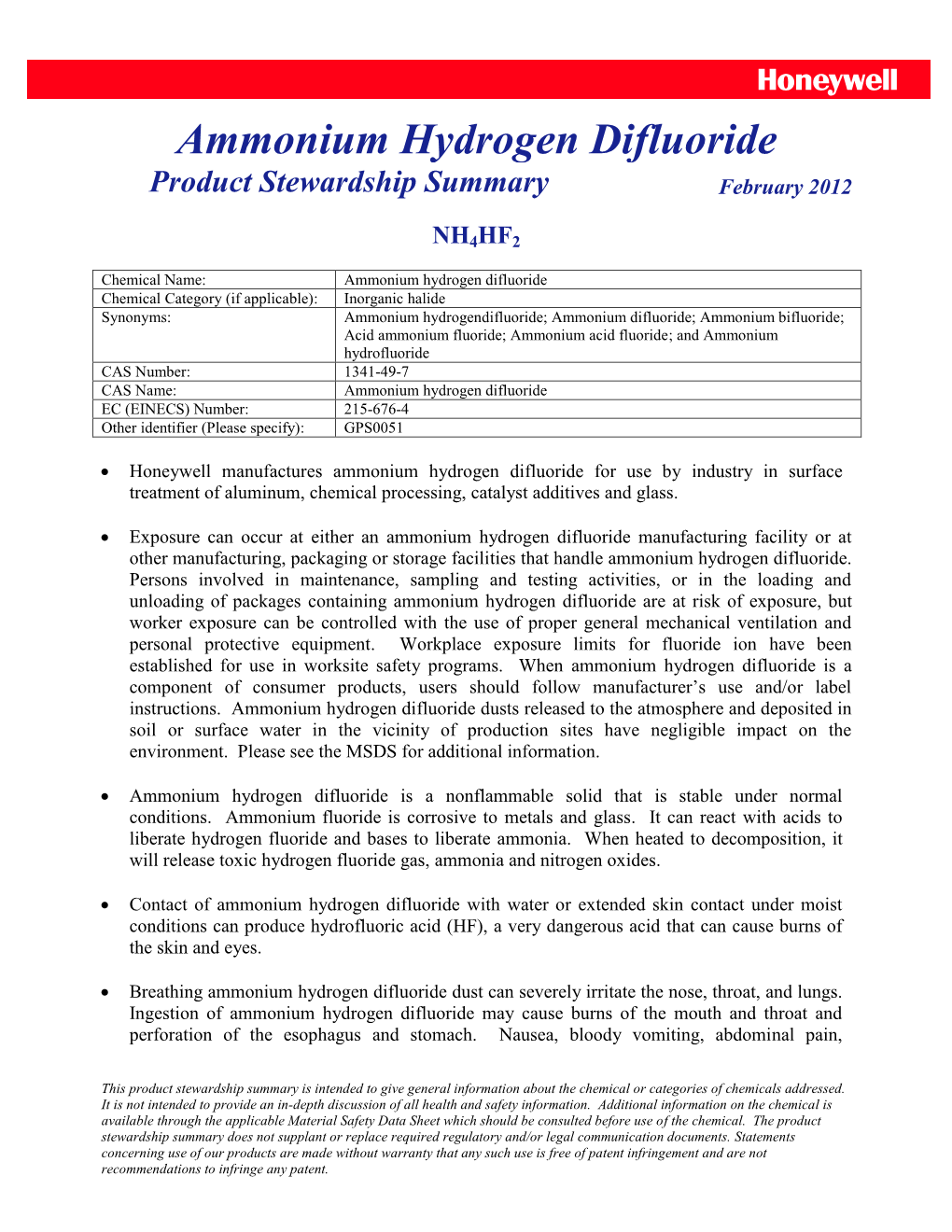 Ammonium Hydrogen Difluoride Product Stewardship Summary February 2012