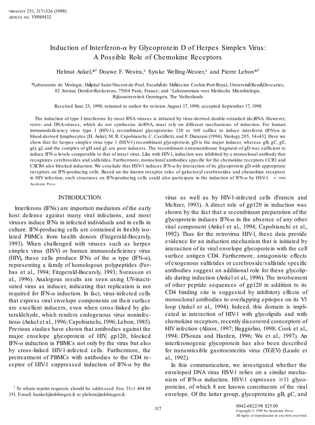 By Glycoprotein D of Herpes Simplex Virus: a Possible Role of Chemokine Receptors