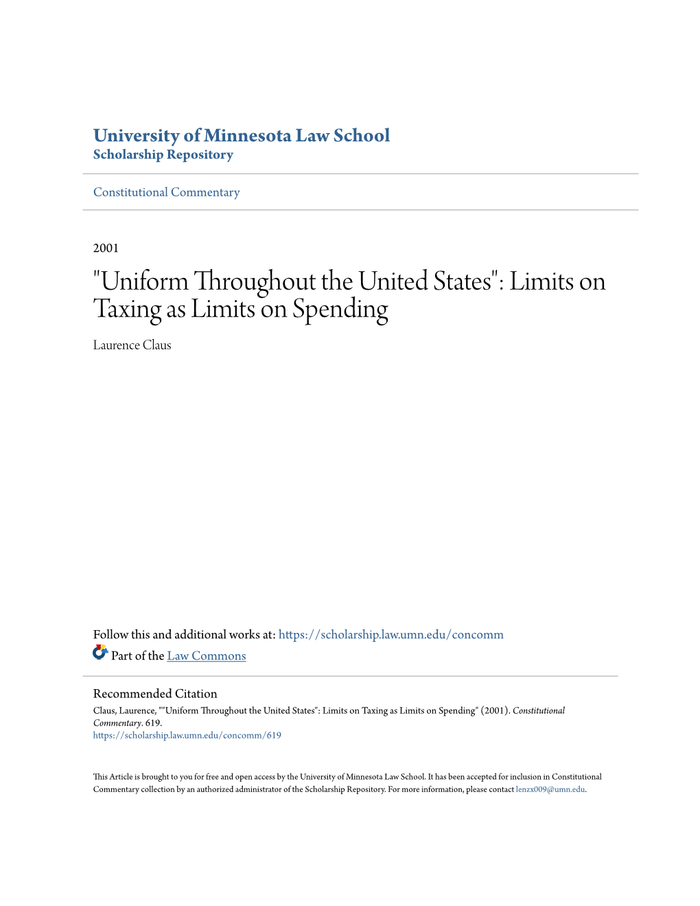 Uniform Throughout the United States": Limits on Taxing As Limits on Spending Laurence Claus