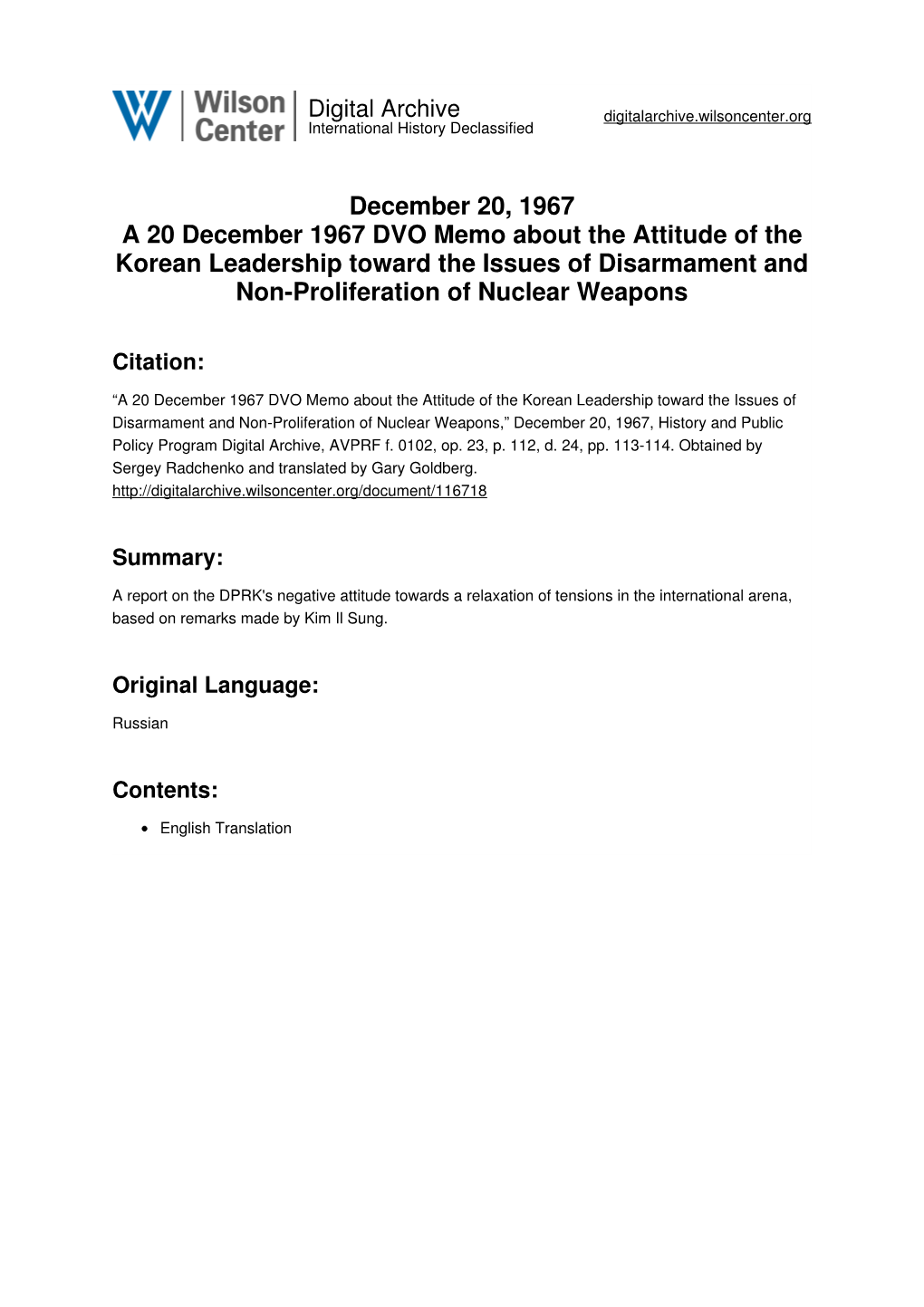 December 20, 1967 a 20 December 1967 DVO Memo About the Attitude of the Korean Leadership Toward the Issues of Disarmament and Non-Proliferation of Nuclear Weapons