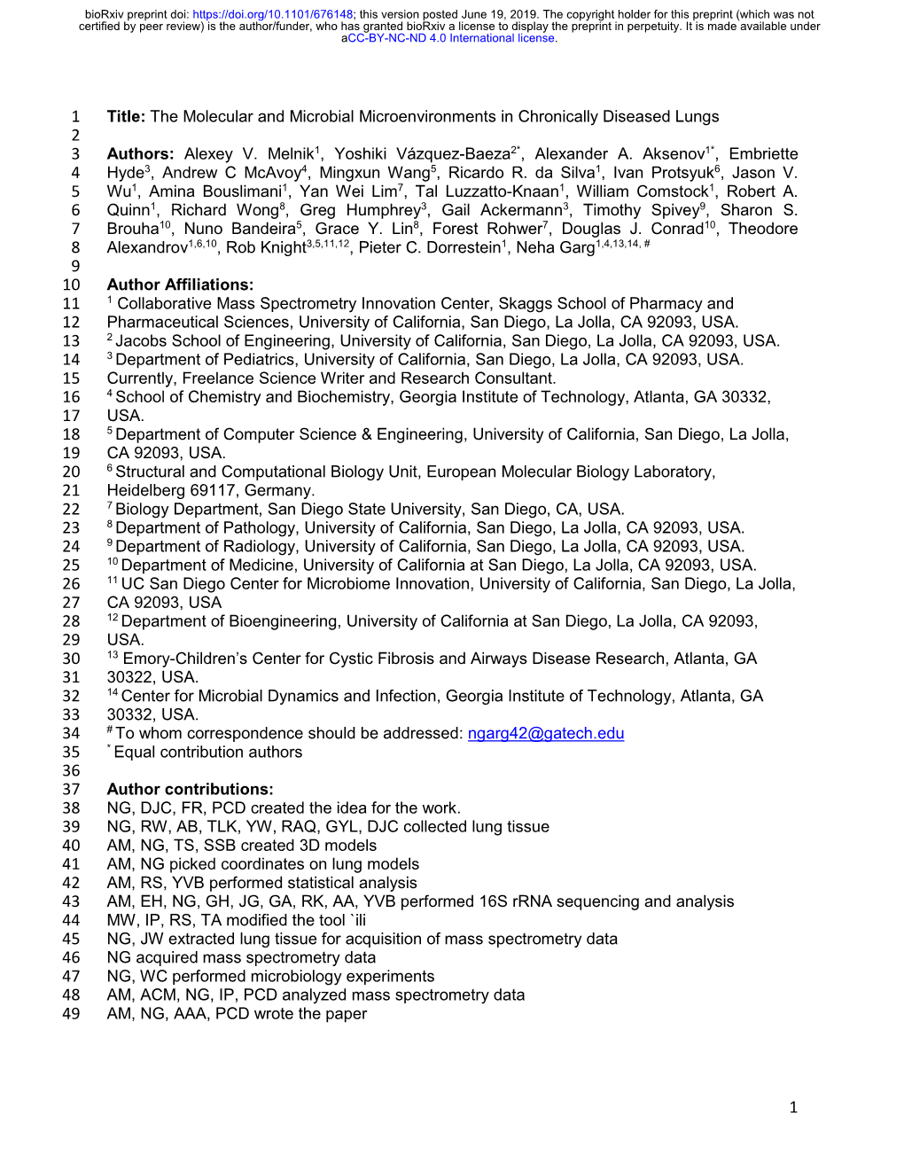 The Molecular and Microbial Microenvironments in Chronically Diseased Lungs 2 3 Authors: Alexey V