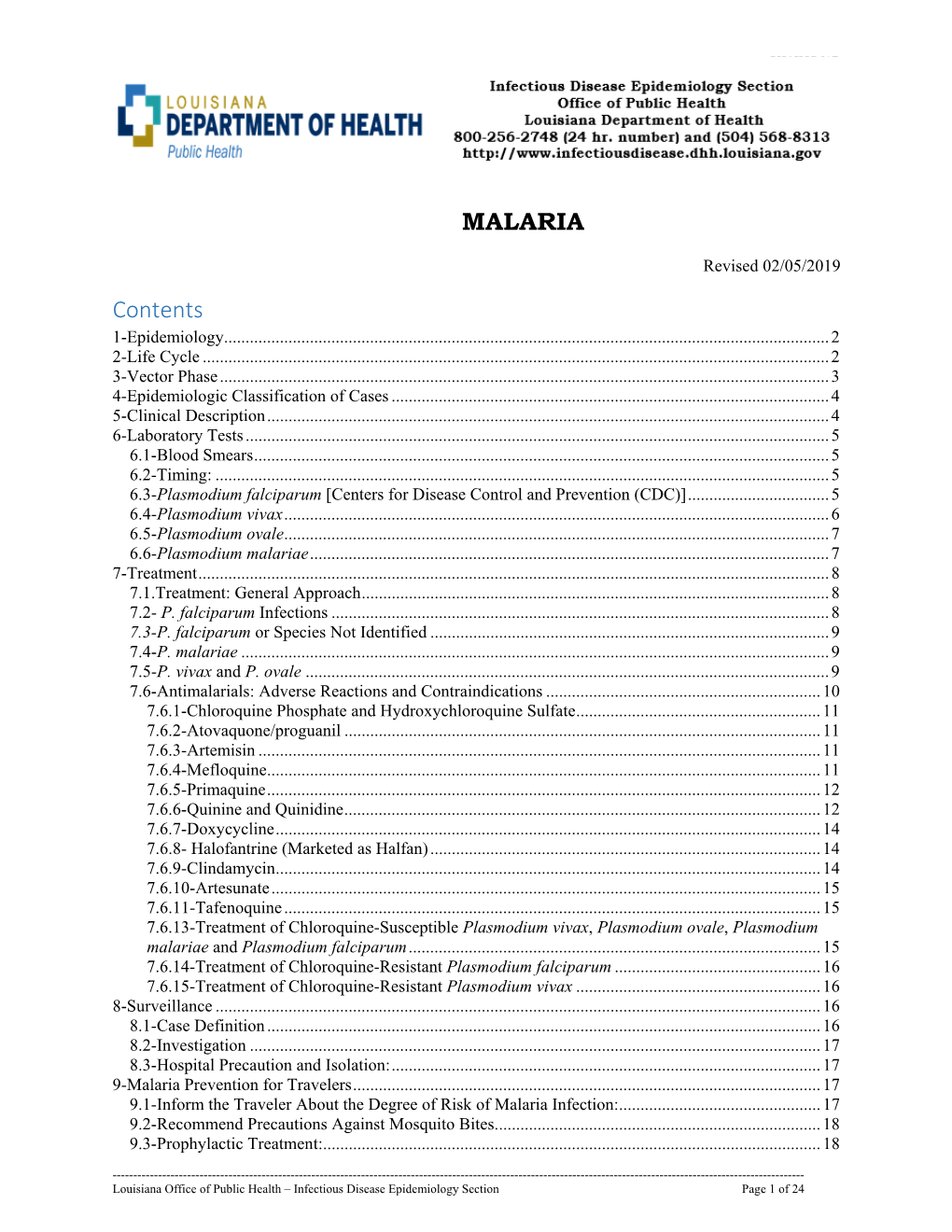 MALARIA Contents