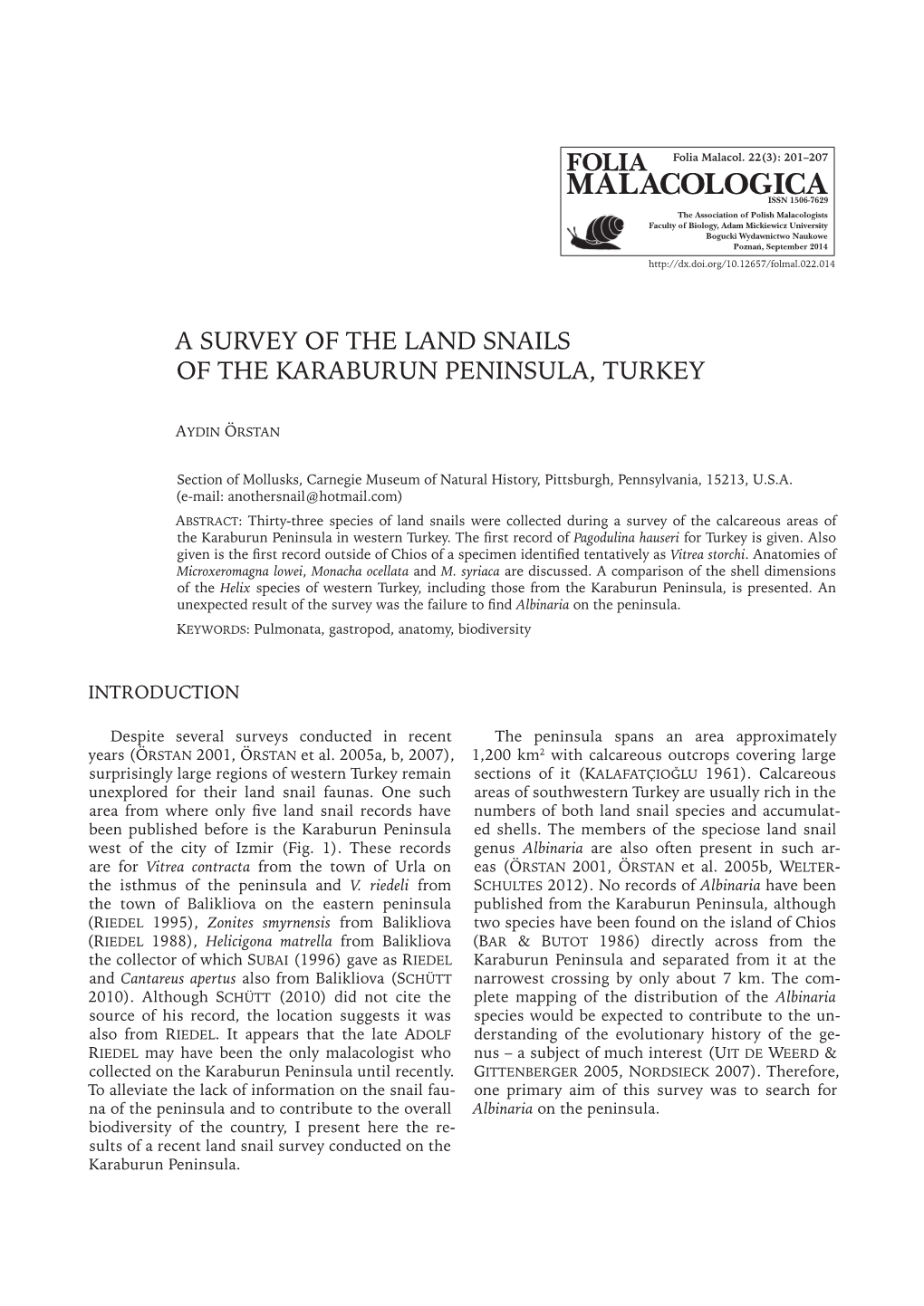 A Survey of the Land Snails of the Karaburun Peninsula, Turkey
