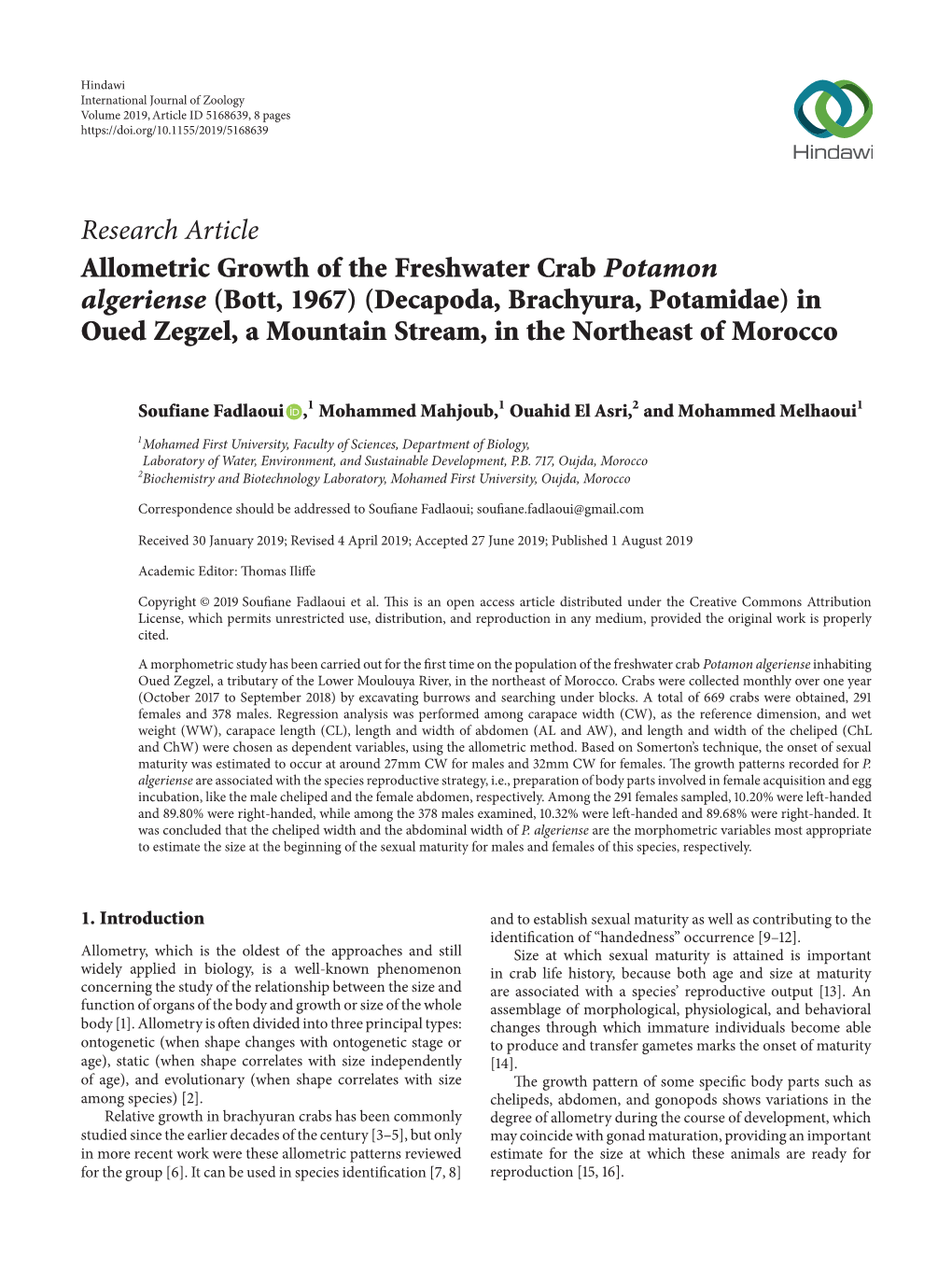 Research Article Allometric Growth of the Freshwater Crab Potamon Algeriense (Bott, 1967) (Decapoda, Brachyura, Potamidae) in Ou