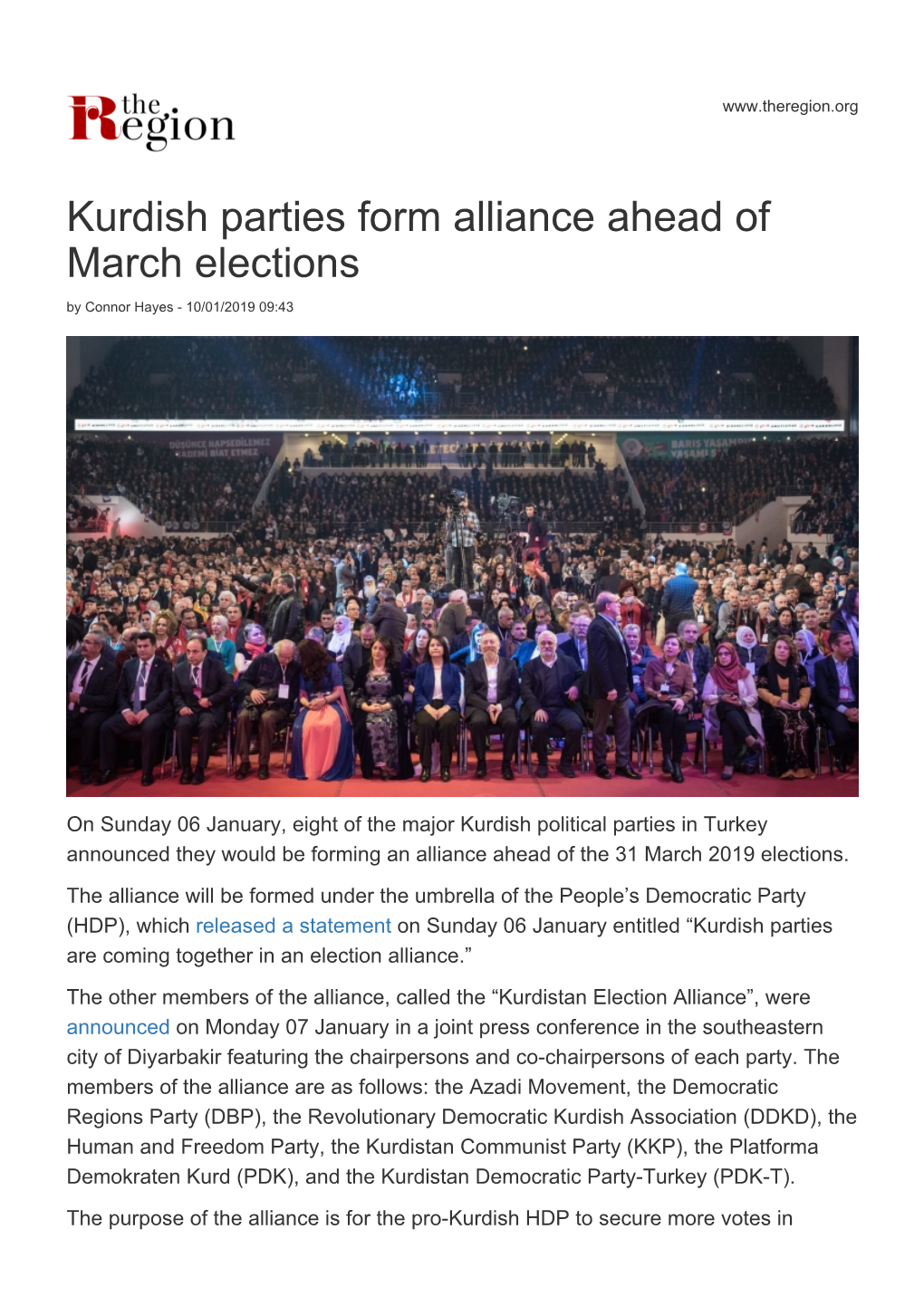 Kurdish Parties Form Alliance Ahead of March Elections by Connor Hayes - 10/01/2019 09:43