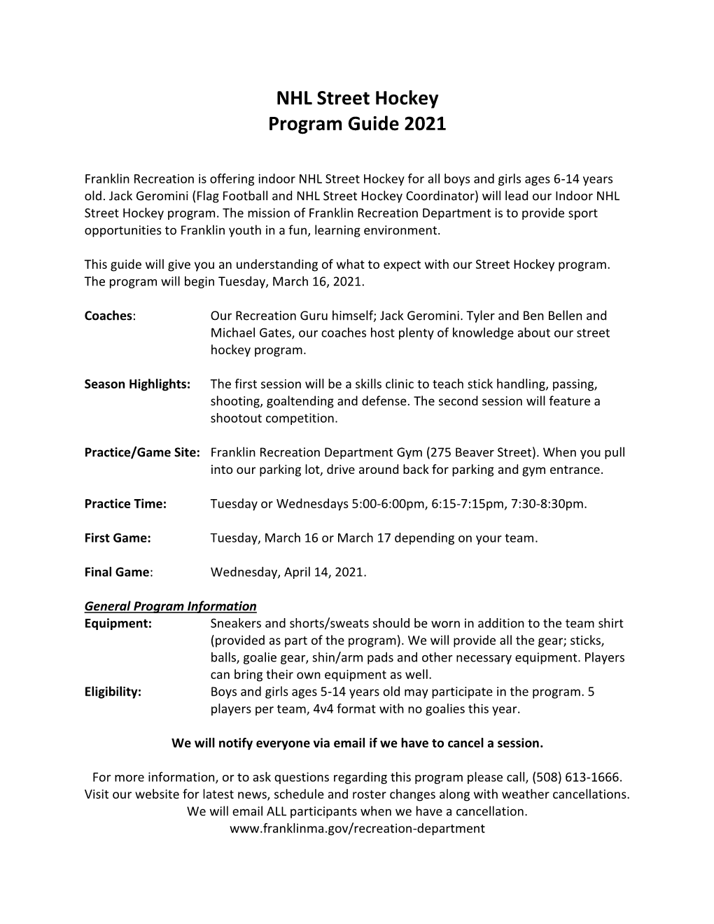 NHL Street Hockey Program Guide 2021