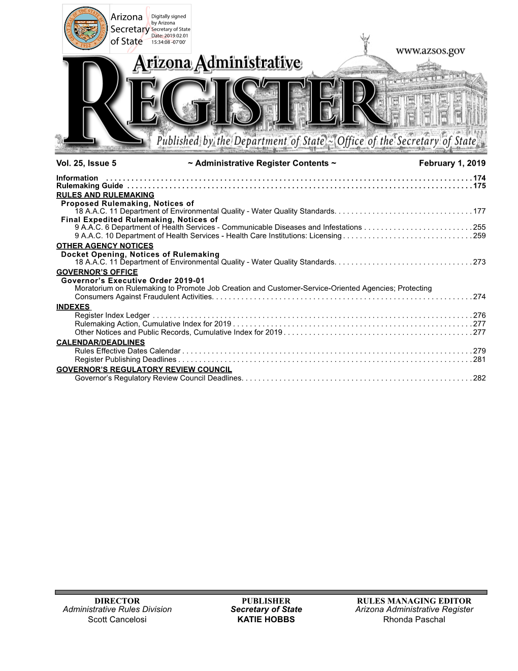 Issue 5 ~ Administrative Register Contents ~ February 1, 2019 Information