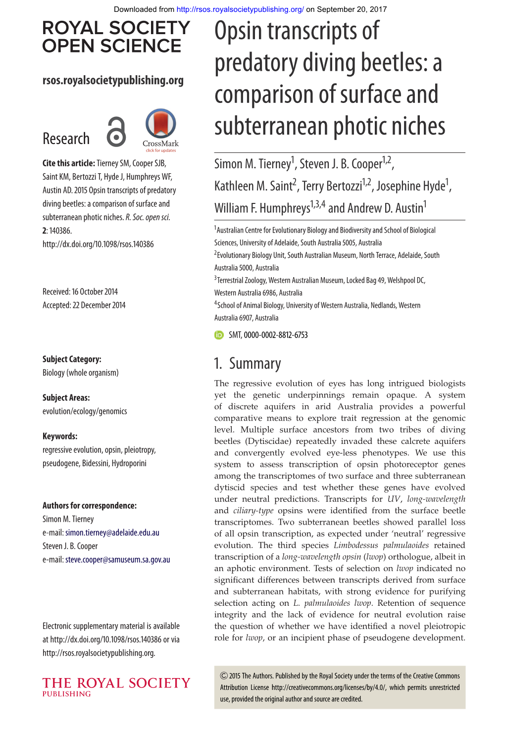 Opsin Transcripts of Predatory Diving Beetles: a Rsos.Royalsocietypublishing.Org Comparison of Surface And