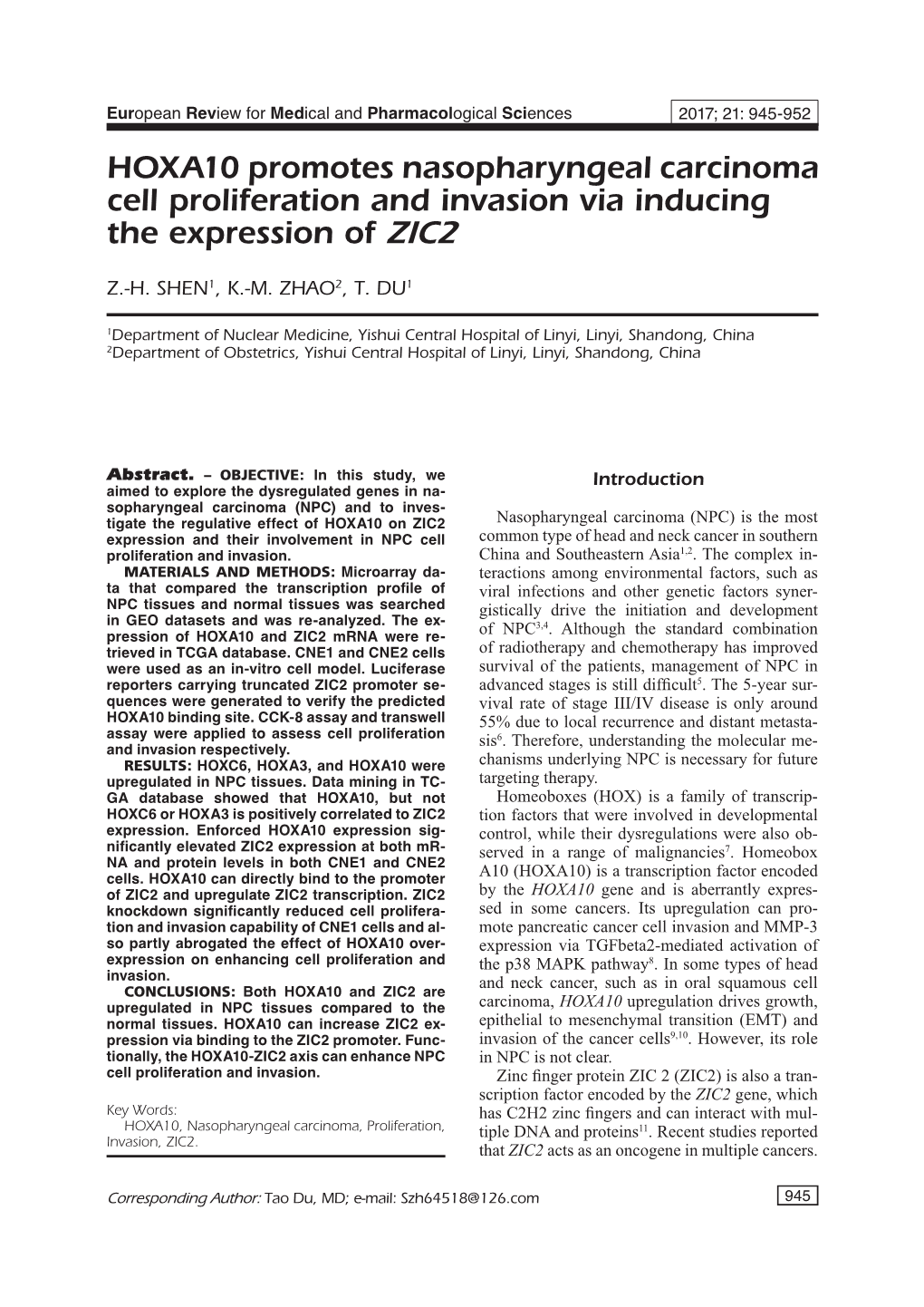 HOXA10 Promotes Nasopharyngeal Carcinoma Cell Proliferation and Invasion Via Inducing the Expression of ZIC2