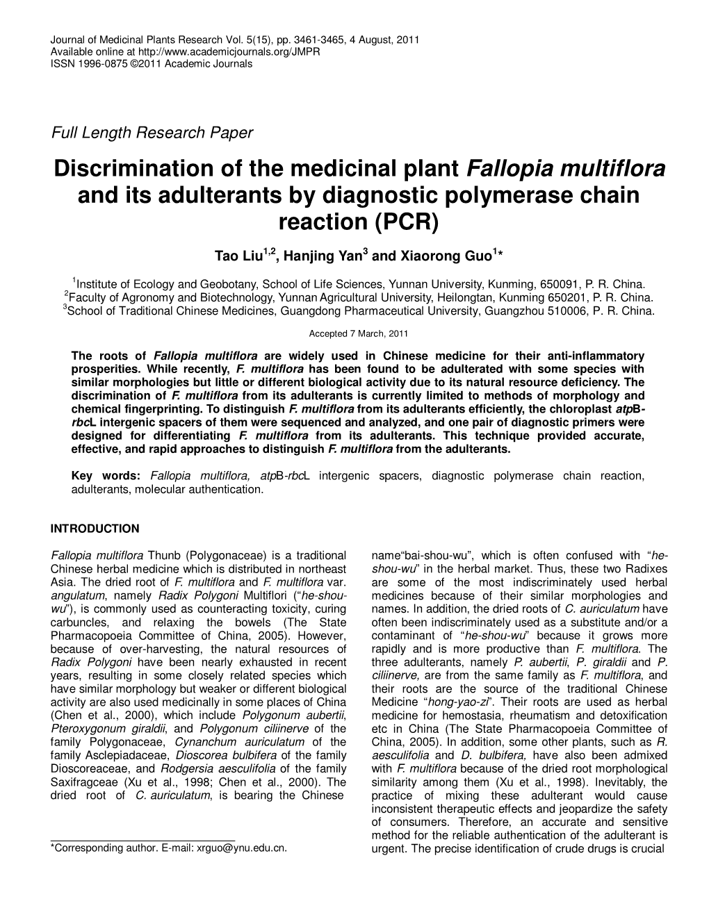 Discrimination of the Medicinal Plant Fallopia Multiflora and Its Adulterants by Diagnostic Polymerase Chain Reaction (PCR)