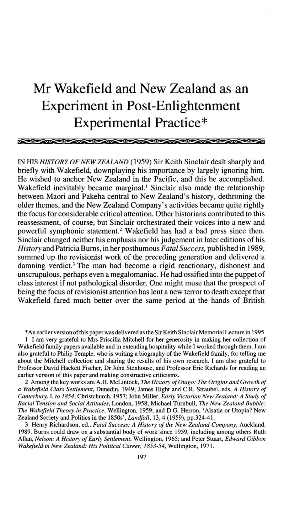 Mr Wakefield and New Zealand As an Experiment in Post-Enlightenment Experimental Practice*