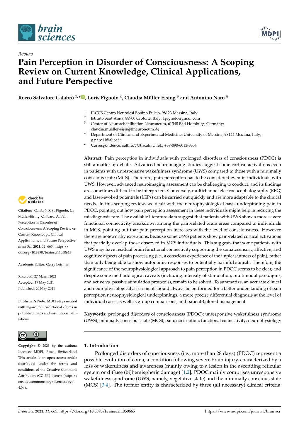 Pain Perception in Disorder of Consciousness: a Scoping Review on Current Knowledge, Clinical Applications, and Future Perspective