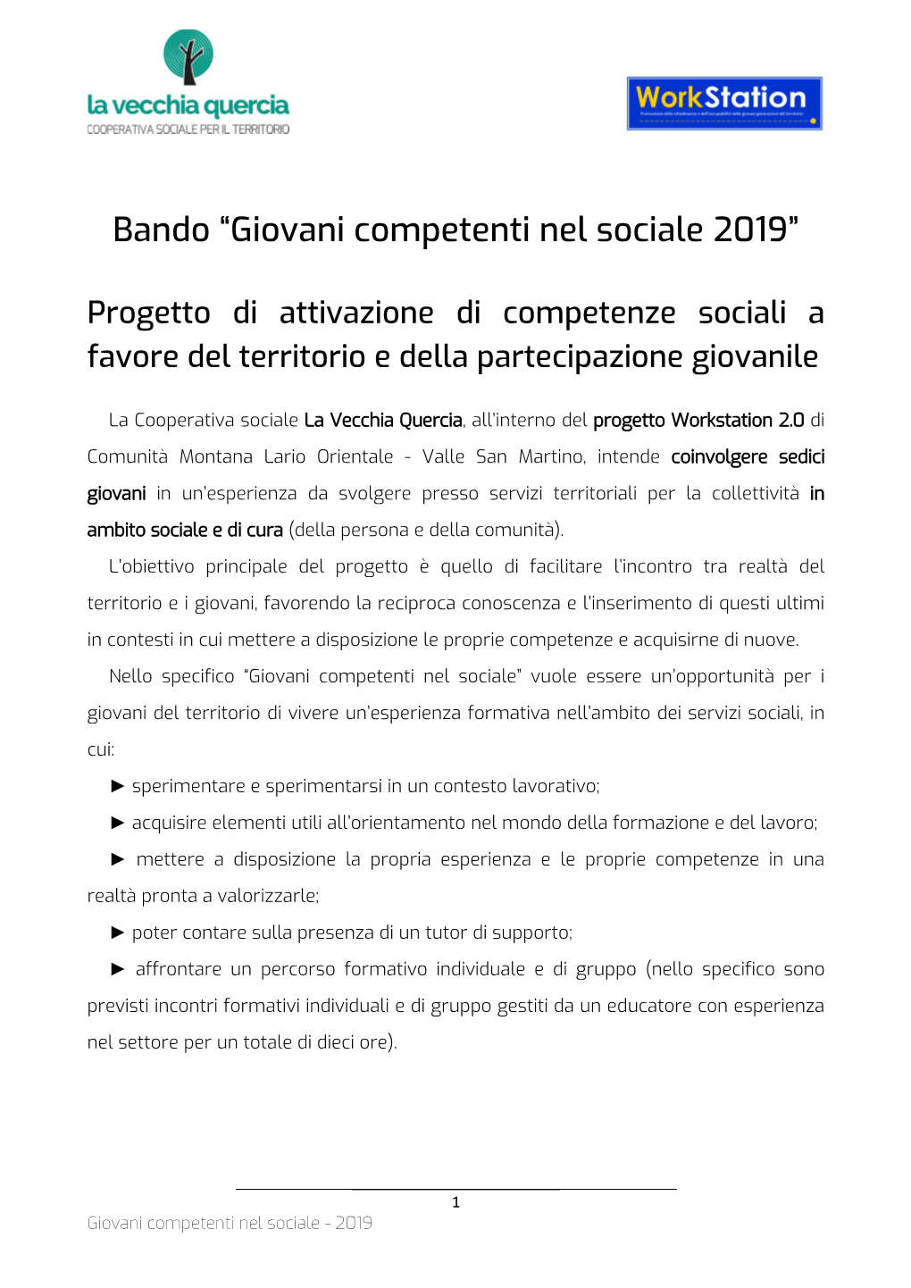 Bando “Giovani Competenti Nel Sociale 2019”