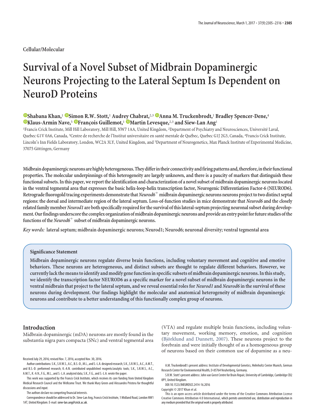 Survival of a Novel Subset of Midbrain Dopaminergic Neurons Projecting to the Lateral Septum Is Dependent on Neurod Proteins