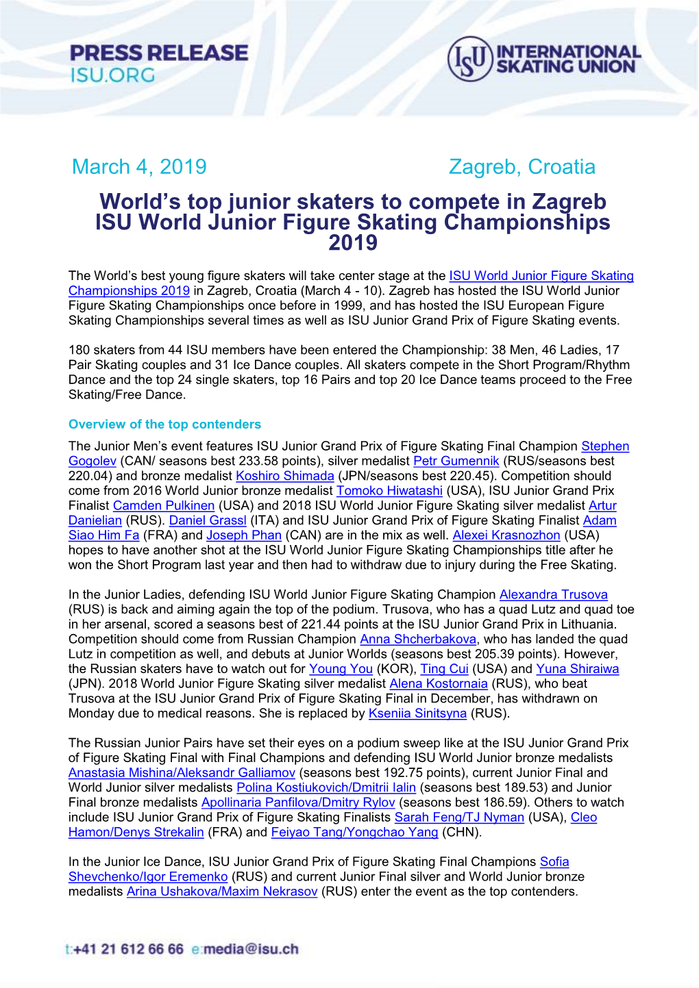 World's Top Junior Skaters to Compete in Zagreb ISU World Junior Figure