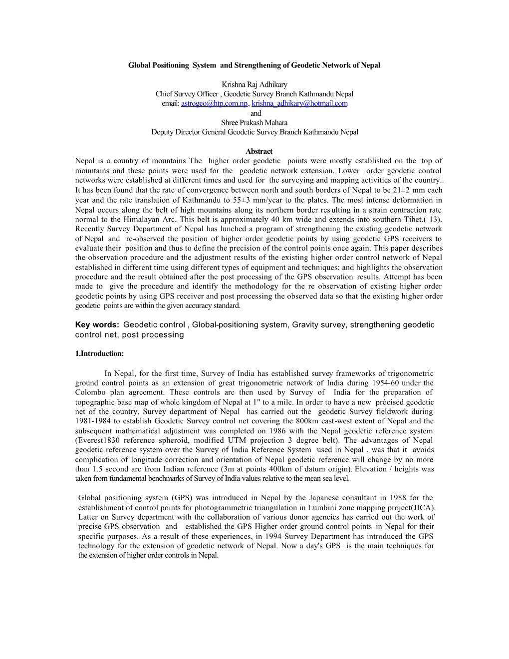 Global Positioning System and Strengthening of Geodetic Network of Nepal