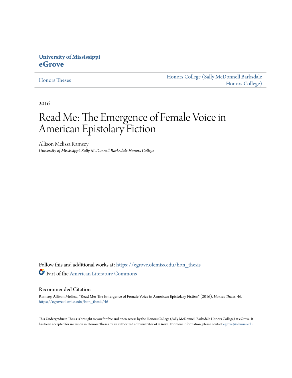 The Emergence of Female Voice in American Epistolary Fiction (Under the Direction of Kathryn Mckee)