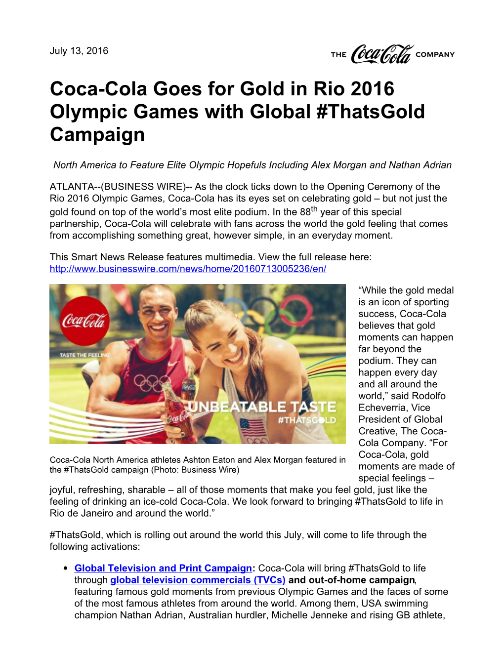Coca-Cola Goes for Gold in Rio 2016 Olympic Games with Global #Thatsgold Campaign
