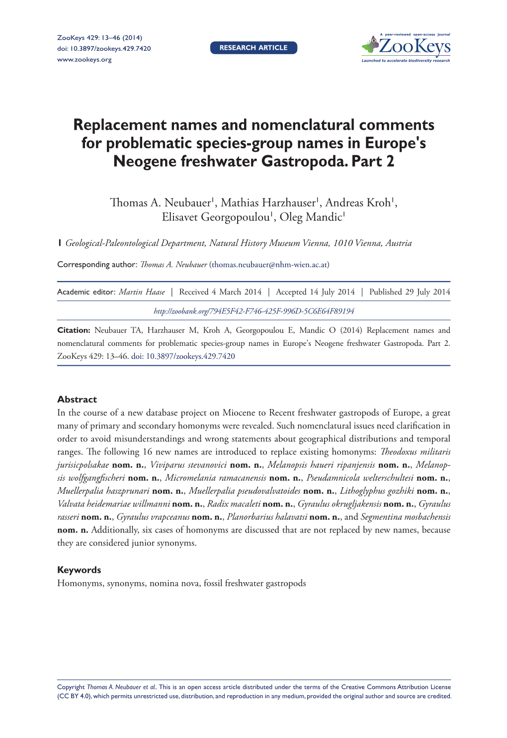 Replacement Names and Nomenclatural Comments for Problematic Species-Group Names in Europe's Neogene Freshwater Gastropoda