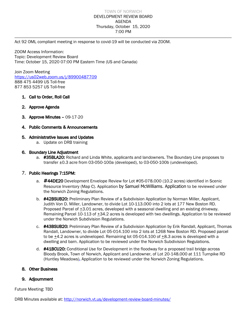 TOWN of NORWICH DEVELOPMENT REVIEW BOARD AGENDA Thursday, October 15, 2020 7:00 PM