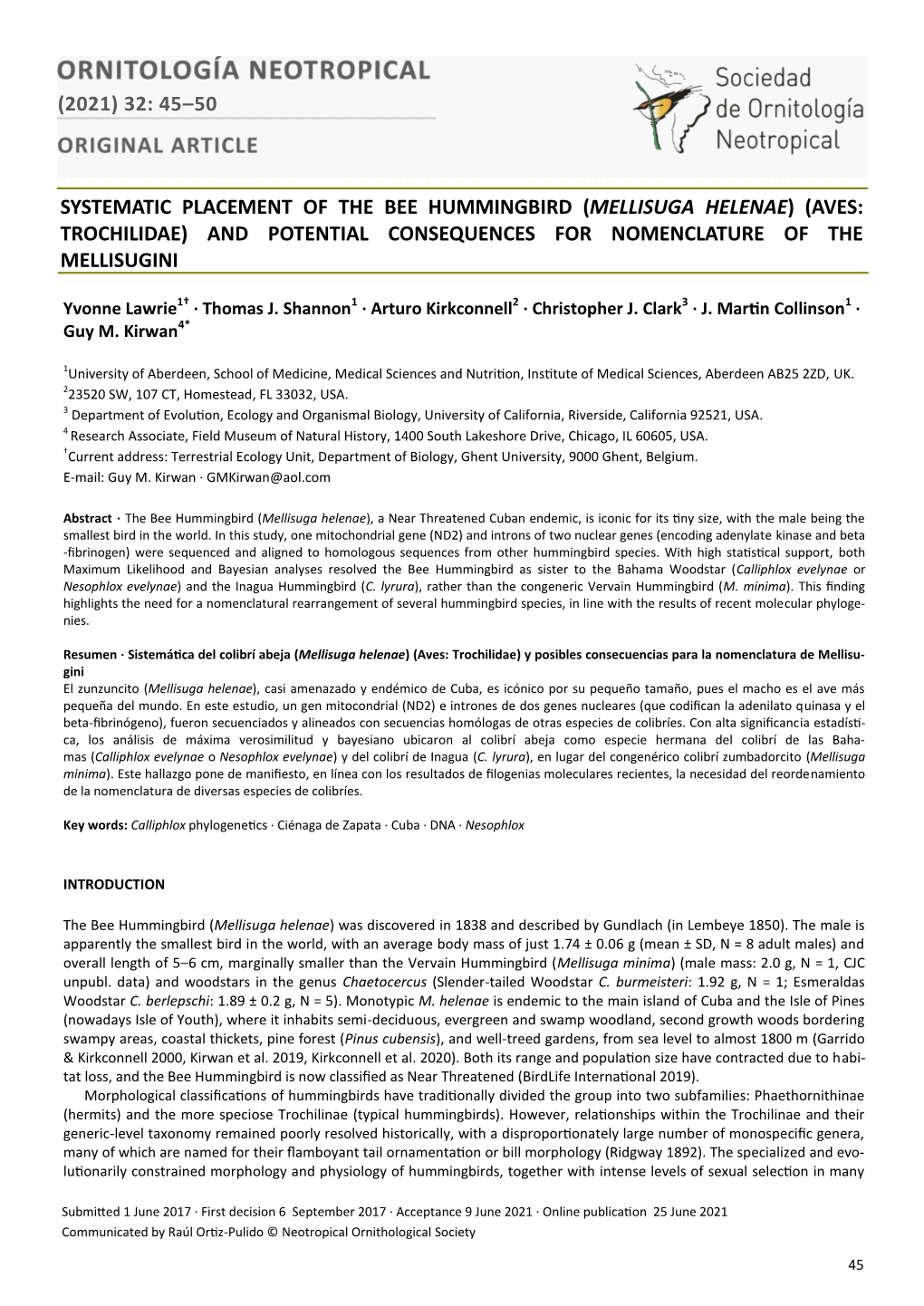 Mellisuga Helenae) (Aves: Trochilidae) and Potential Consequences for Nomenclature of the Mellisugini