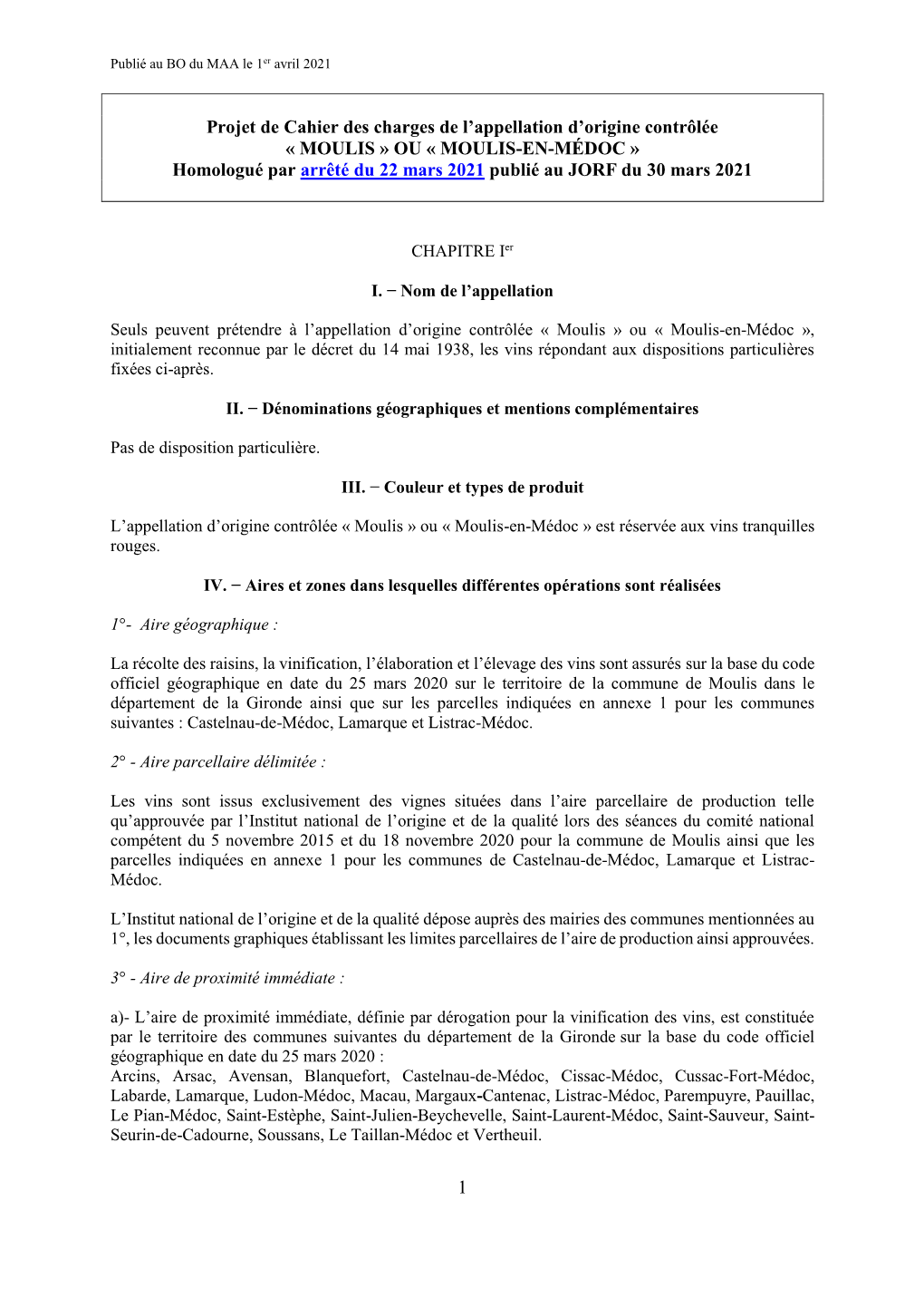 Projet De Cahier Des Charges De L'appellation D'origine Contrôlée