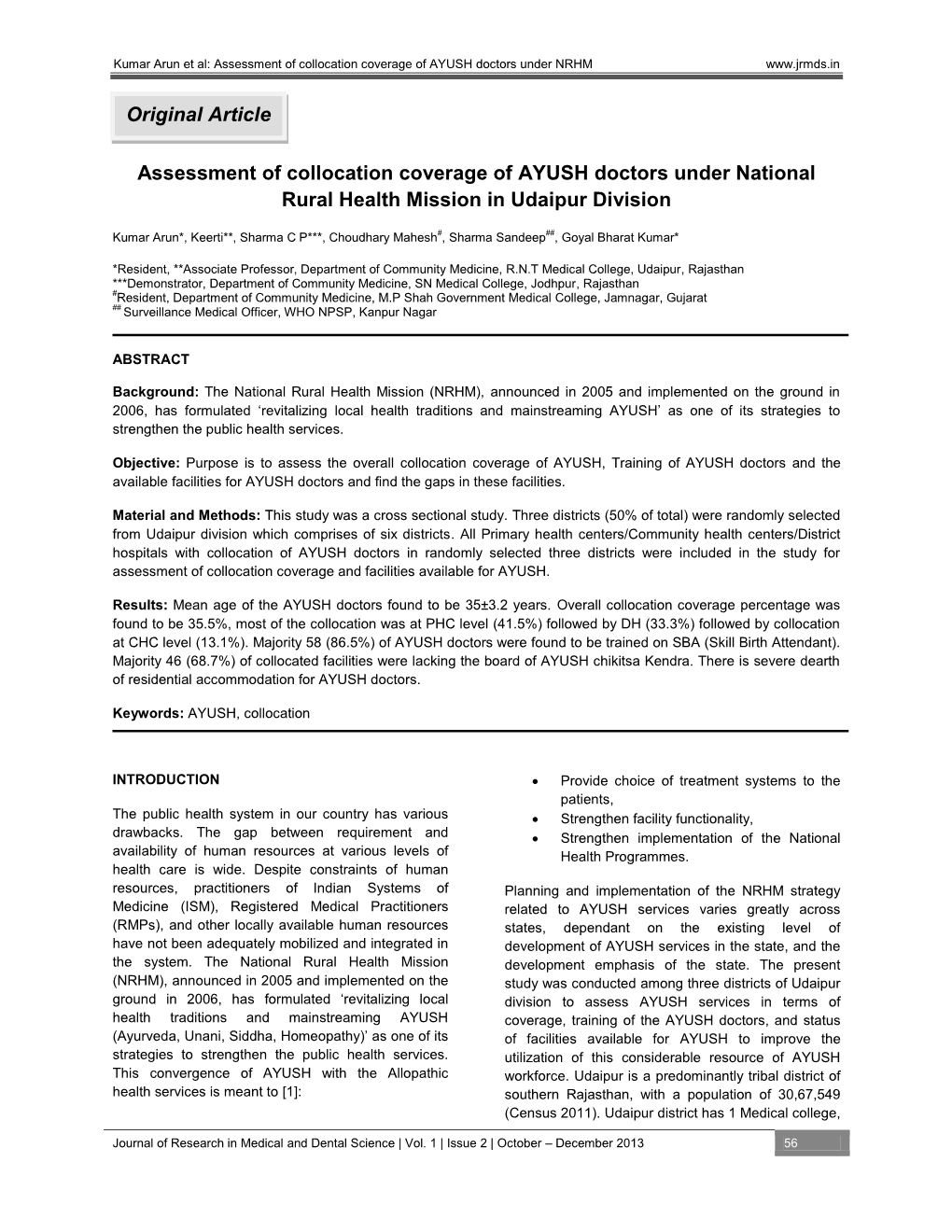 Assessment of Collocation Coverage of AYUSH Doctors Under NRHM