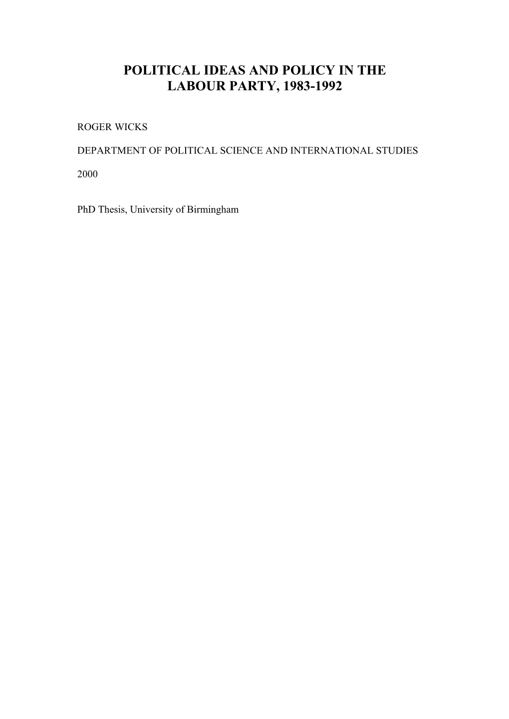 Political Ideas and Policy in the Labour Party, 1983-1992